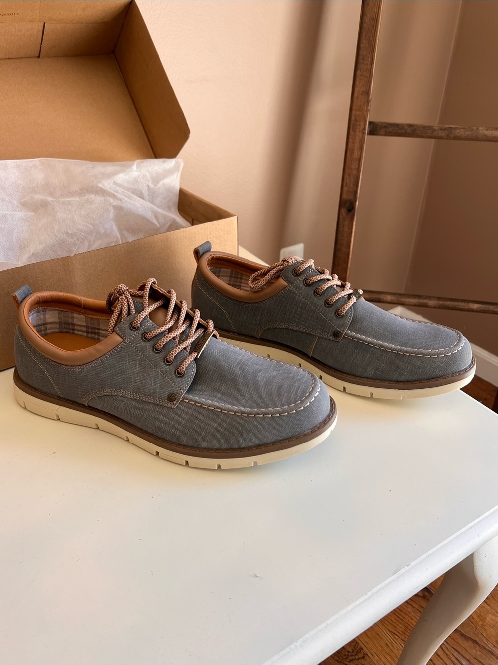Men's Casual Blue Gray Canvas Lace-Up Shoes with Brown Trim
